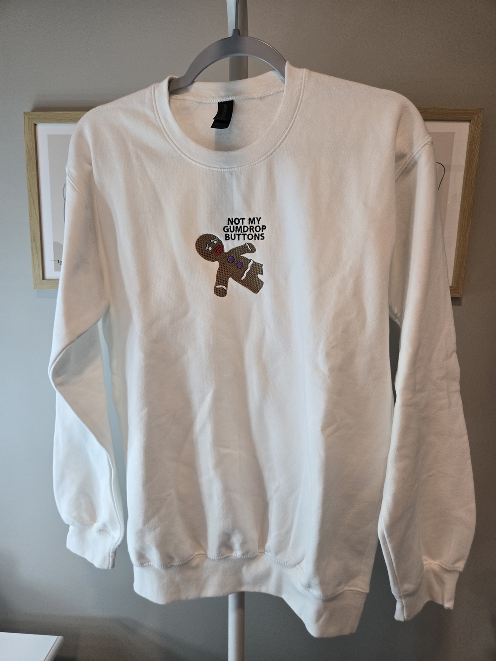 Gildan White Crewneck Sweatshirt with Gingerbread Motif